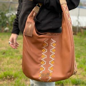 Wrangler Brown Leather Hobo Bag with Embroidered Accents